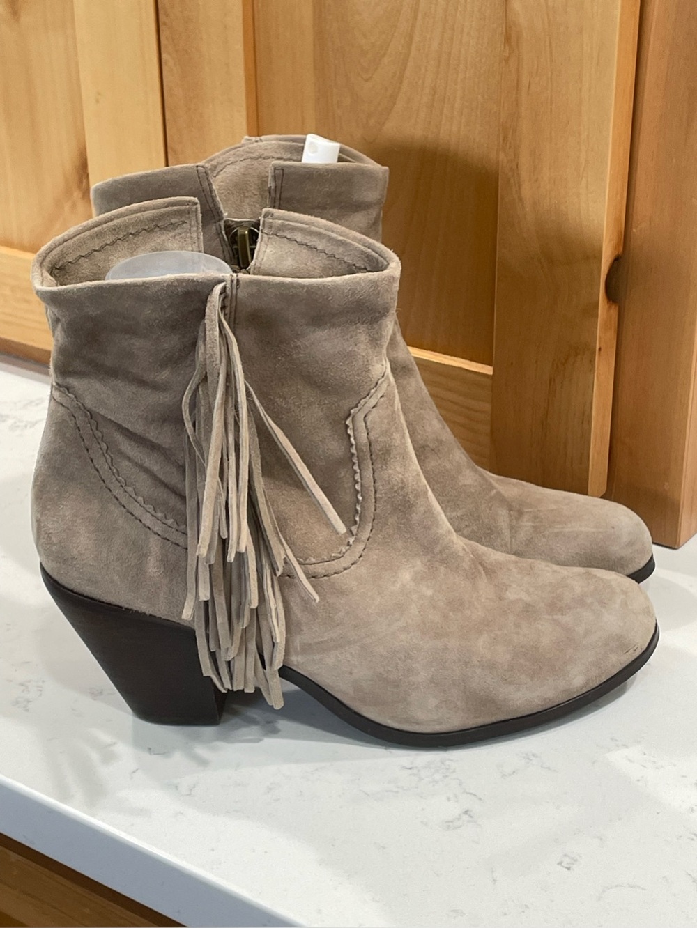 Sam Edelman Taupe Suede Fringe Ankle Boots
